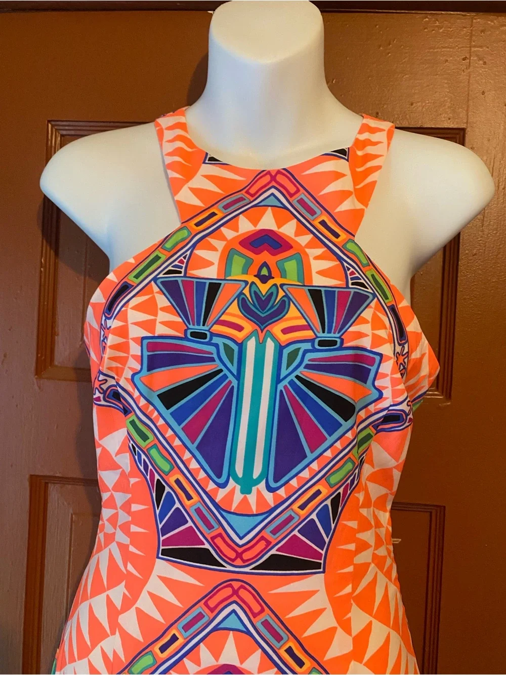 Mara Hoffman Coral and Blue Geometric Halter Maxi Dress